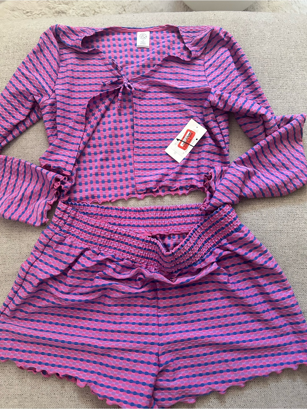 Treasure & Bond Pink & Purple Striped Lounge Set - Tie Front Top + Shorts